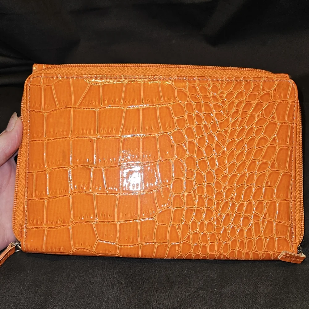 Ladies Orange Crocodile Alligator Design Hand Clutch Wallet Purse